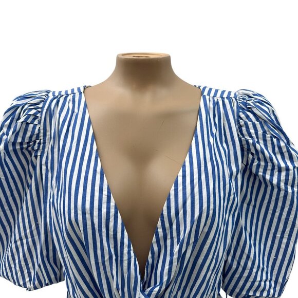 Zara‎ Puff Sleeve Striped Wrap Blouse Rhinestone Belted Waist Blue White Women S - Picture 12 of 12
